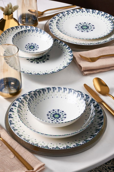 Hermia Vajilla de Porcelana de 24 Piezas en Blanco, Azul, Verde y Negro